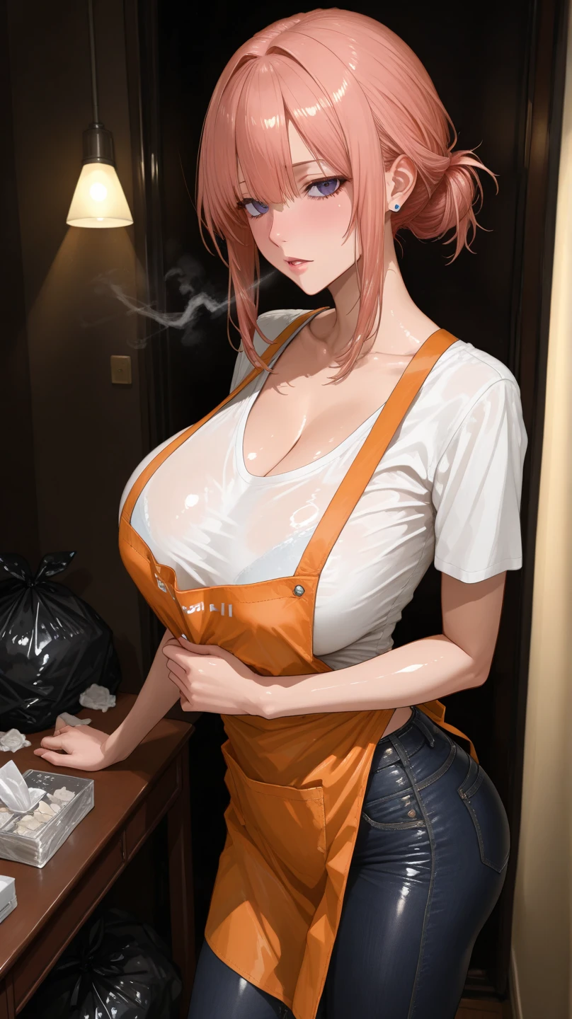 ((super high quality,Ultra-high resolution,16K,super masterpiece,Ultra HD ,Detailed shading)),Sexy woman,Cleavage,Yellow jumpsuit,popped Tight collar,sexly,smile,blush,Sweaty,