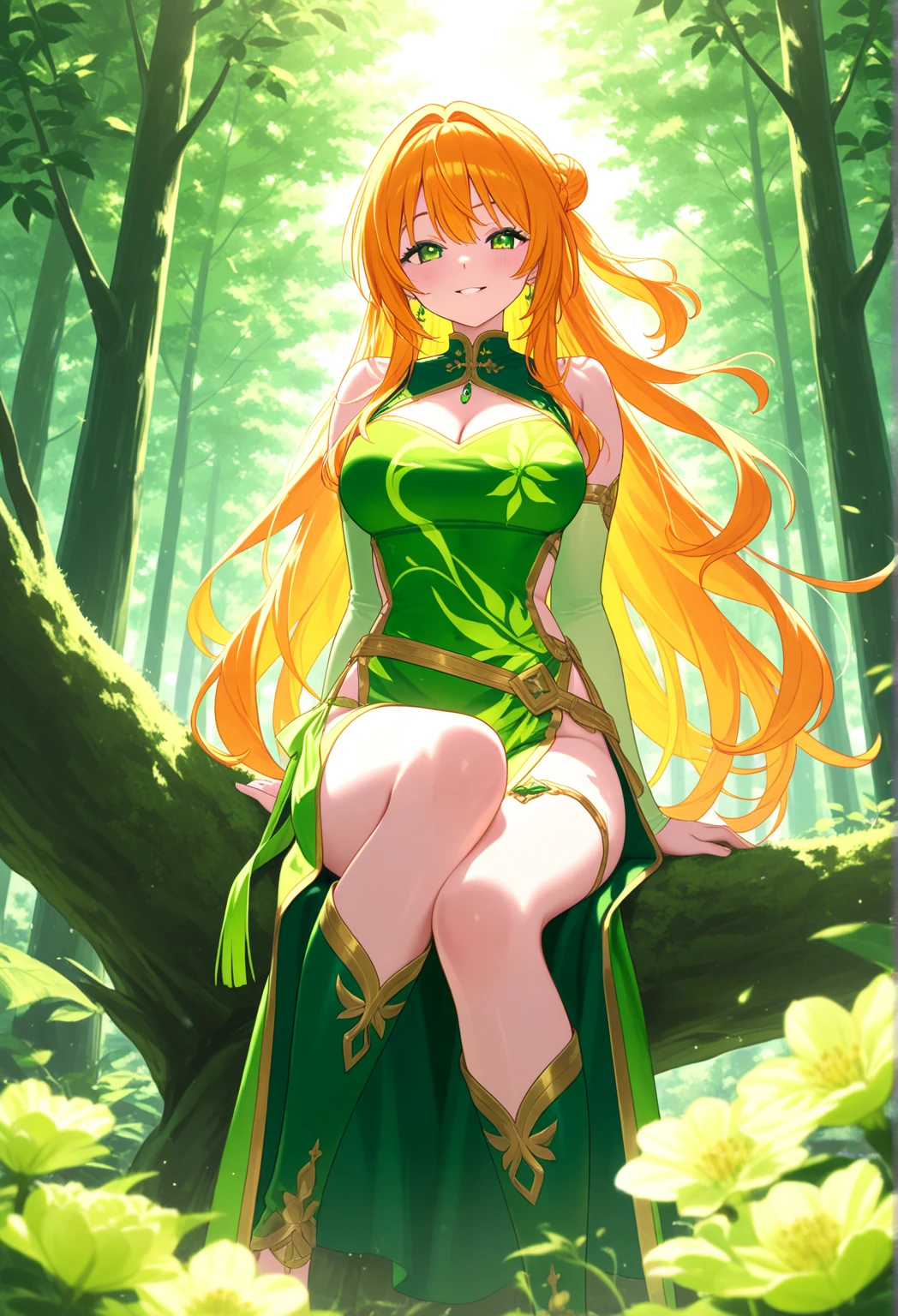 long orange hair, green eyes, large cleavage, red lipstick, heels