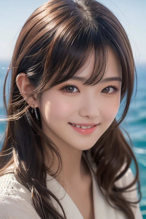 close up on face, Ultra-fine face,femele, long whitr hair, delicated, ellegance, opulent, ellegance, Yarn,ssmile, Ribbons,cinmatic lighting, hyper HD, A high resolution, best qualtiy, 4K, high detal, high qulity, super detailing, anatomy correct, tmasterpiece, ccurate,mountain water,Mountains and mountains,Tian Shan,tenchi,snow mountains,Sit Pose,Central of the lake,Ripples,Perfect hand shape,Bare legged