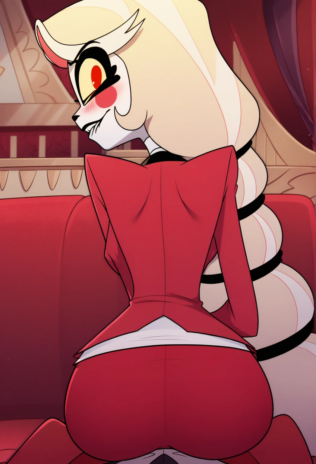Angel Dust, hazbin hotel style, bimbo, big breast, alone, flip flops, walking, smug