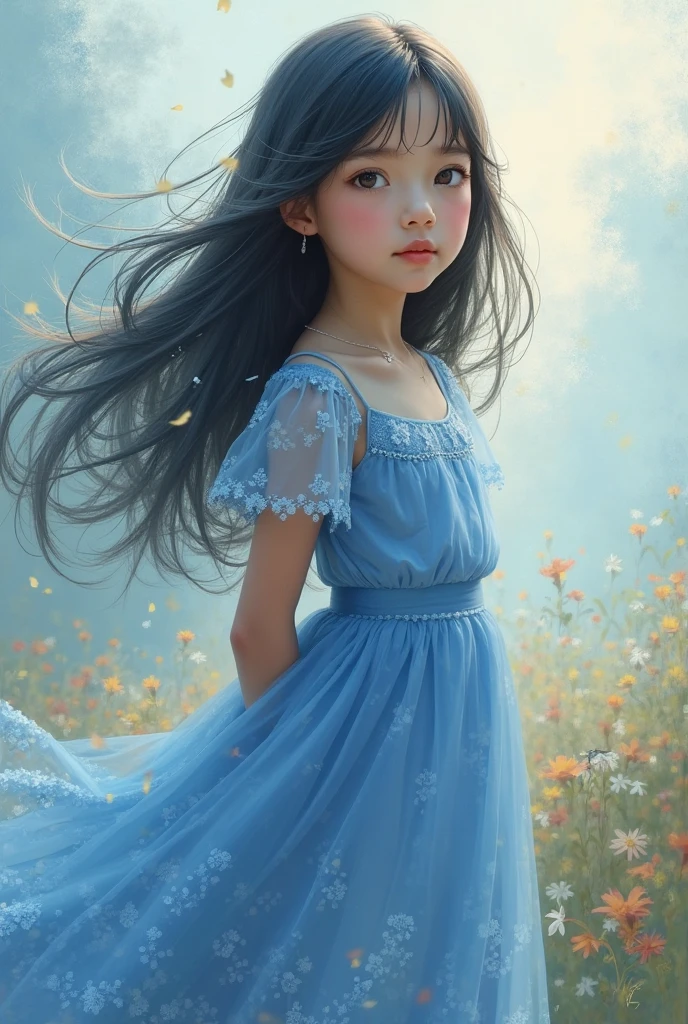 top quality, masterpiece, (realistic: 1.2), (full body), one girl, brown hair, brown eyes, frontal, detailed face, beautiful eyes, wearing a light blue dress, gentle expression