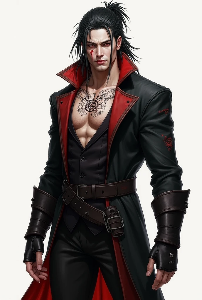 25 years old man 
Is tall.  
Has dark hair.  
Has an extremely attractive appearance, with an otherworldly look.  
Has a lean and muscular build.  
Has a pair of intense crimson eyes.  
Has very sharp fangs and claws.  
Wears elegant and revealing clothes that highlight his appearance.  
Comes from a medieval fantasy world.
A smug smile on his face 