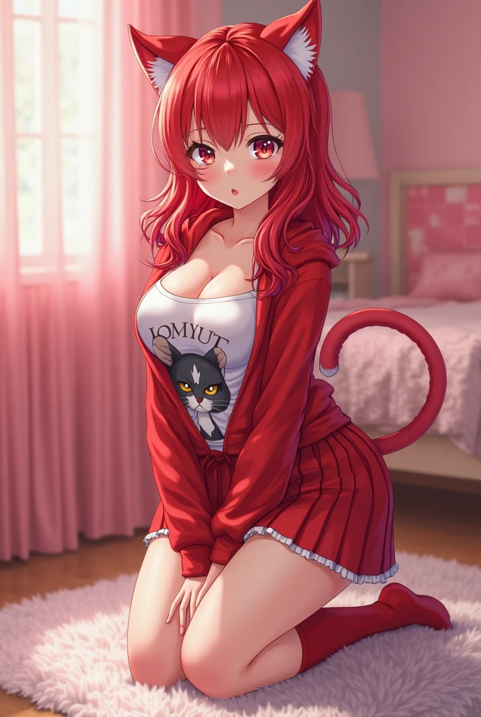 A beautiful young woman,depicted in a vibrant anime-style cosplay,curvy body posture, She has vibrant red styled with cat ears and a tail. Her eyes are naughty. The woman's attire consists of a red hoodie with a pull shirt white tank top underneath that features a cat graphic. She wears a red pleated skirt with white trim. Her legs are covered in soft red socks. She is kneeling, with a seductive pose. The background is a soft pastel red bedroom, which focuses on the subject's facial expression and clothing details. The overall style is vibrant.