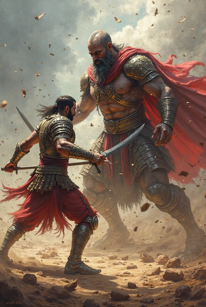 Parashuram, a sage with a stern expression, curses Karna as Karna, dressed in a humble charioteer’s attire, kneels before him with a bleeding thigh;