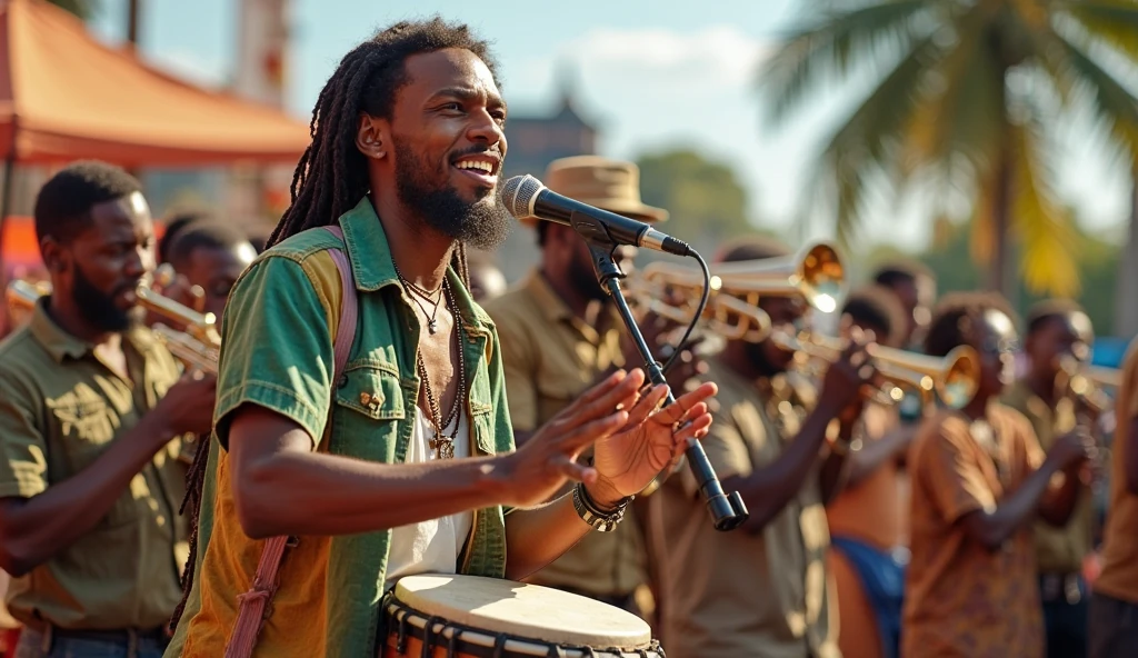 I want it to represent people of black ethnicity celebrating to the sound of drums with a man and his band presenting a musical show, the event is at night and is full of people dancing, all of black ethnicity, predominantly Brazilian with African features