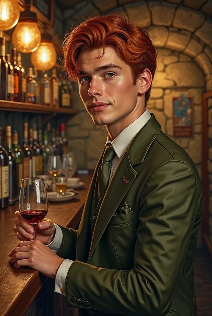 a young man tending an underground bar, redhead, green eyes, realistic portrait, detailed face, friendly expression, straight posture, olive green suit,  dim lights, cosy atmosphere,  vintage decoration , stone walls, bottles of liquor, glass glasses, warm lighting, ochre shades , 4k, ultra detailed, oil painting, photorealistic