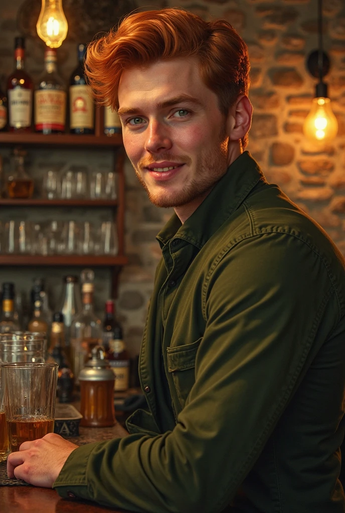 a young man tending an underground bar, redhead, green eyes, realistic portrait, detailed face, friendly expression, straight posture, olive green suit,  dim lights, cosy atmosphere,  vintage decoration , stone walls, bottles of liquor, glass glasses, warm lighting, ochre shades , 4k, ultra detailed, oil painting, photorealistic