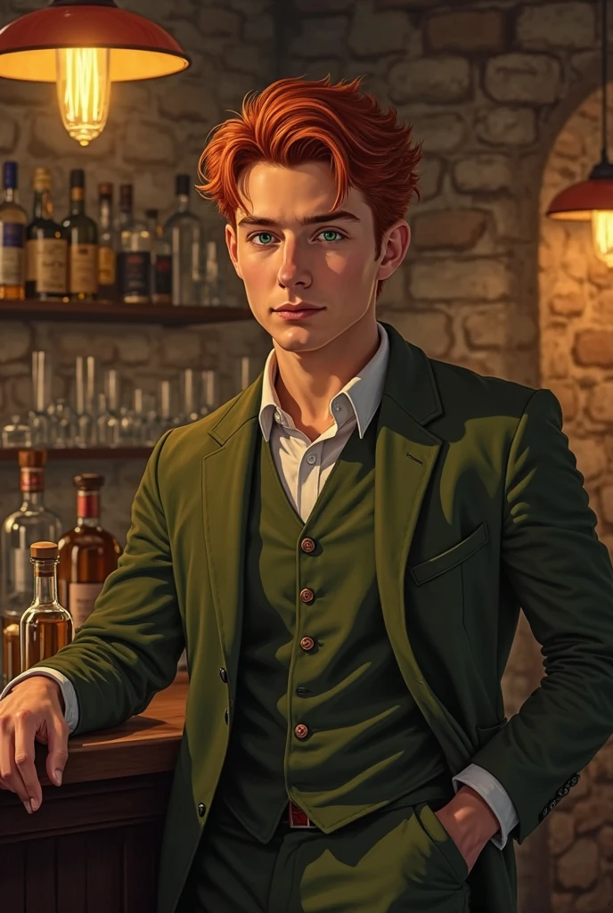 a young man tending an underground bar, redhead, green eyes, realistic portrait, detailed face, friendly expression, straight posture, olive green suit,  dim lights, cosy atmosphere,  vintage decoration , stone walls, bottles of liquor, glass glasses, warm lighting, ochre shades , 4k, ultra detailed, oil painting, photorealistic
