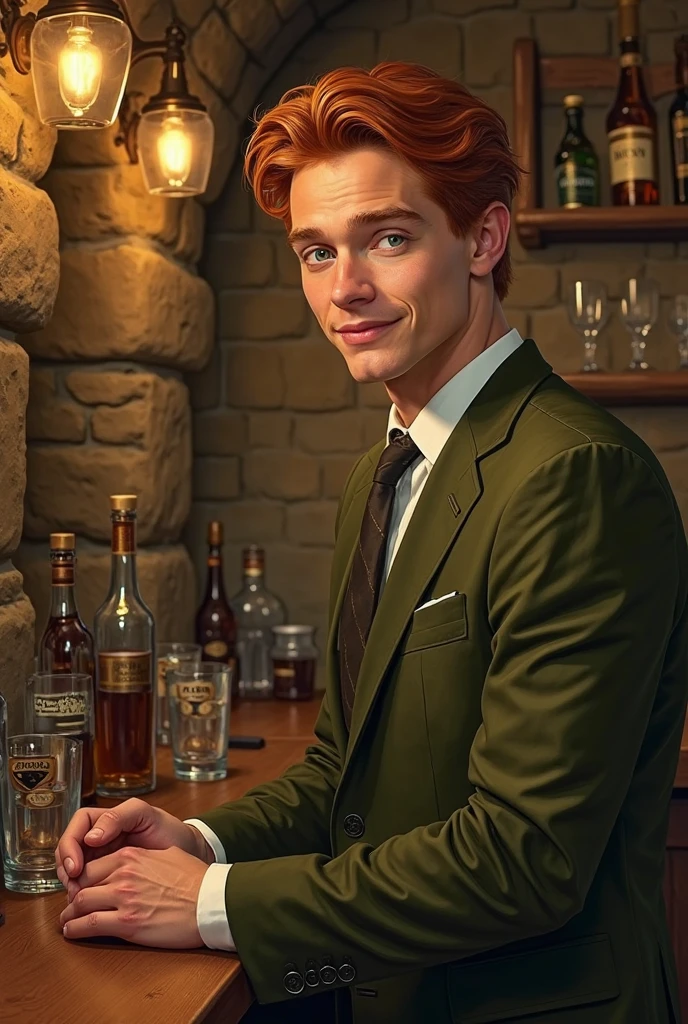 a young man tending an underground bar, redhead, green eyes, realistic portrait, detailed face, friendly expression, straight posture, olive green suit,  dim lights, cosy atmosphere,  vintage decoration , stone walls, bottles of liquor, glass glasses, warm lighting, ochre shades , 4k, ultra detailed, oil painting, photorealistic