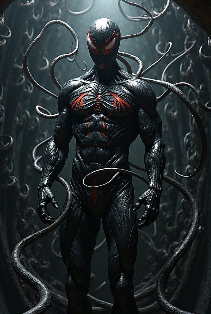 venom with red and black striped shirt
