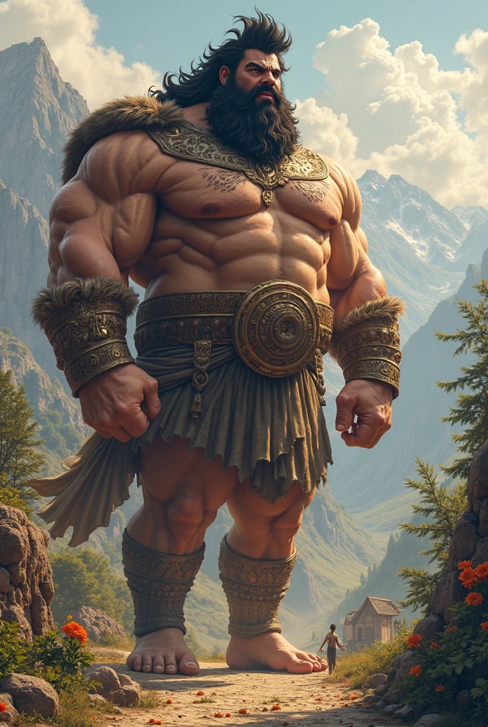 A digital art style image of the god Freyr from Norse mythology. He is sitting facing the camera in a position of superiority and virility.. The god Freyr is a large and extremely masculine man., the divinity of the phallus (male sex organ). One of his hands rests on his beard and the other loose and free. The central focus of his image is his immense and majestic penis that stands out with its incredible inhuman size and erect like a tower rising between his legs and reaching the height of his chest.. His testicles hang down his legs like two heavy bags, hanging down to his knees.. His countenance is one of eternal pleasure and astonishing virility.