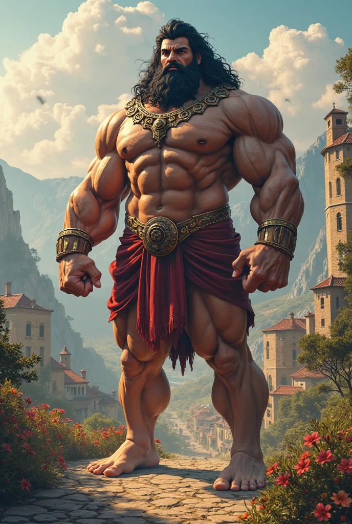 A burly, virile, and extremely hairy man who exudes an overwhelming sense of power and masculinity. His body is overmuscular and musclebound, with bulging veiny muscles that seem to strain against his skin. Broad shoulders and a wide chest adorn his massive frame, while his arms and legs are overly thick and defined, making him appear incredibly strong and imposing. His thick body gives him a hulking figure, with swelling muscles that seem to burst from every angle. The man sports a long, bushy beard and a thick mustache, adding to his rugged and masculine appearance. His grey hair only serves to further emphasize his age and experience, yet it does nothing to diminish his intimidating presence. His square-jawed face is set in a stoic expression, conveying determination and strength of character. Dressed only in a loincloth that struggles to contain his massive physique, this virile, hairy man stands tall and proud, exuding an aura of raw masculinity and unbridled power.