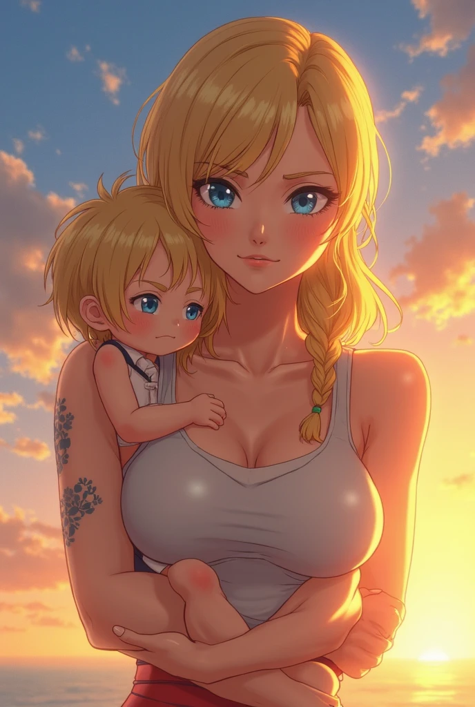 nsfw:1.5, Top quality:1.2, best quality:1.5, ultra high resolution, masterpiece:1.4 ,4K, 8K, 32K, detailed lighting, shaders, perfect anatomy, perfect proportions, highly detailed, ultra detailed, super detailed:1.2, perfect eyes, perfect face, very delicate and beautiful, illustration, sharp focus, very beautiful and detailed anime face, very detailed eyes, cute:1.3, impressionistic:1.2, blurred background,
BREAK
1 woman, (Beautiful busty woman in her 20s:1.3),(dark skin:1.6), (Perfect proportions: 1.4), (Small pink areolas:1.3), (Pointy upward nipples:1.4),(Full and beautiful breasts: 1.7), (big breasts: 1.6), (Thin waist: 1.1), (Slender figure: 1.2), (beautiful buttocks:1.2),
BREAK
(Beautiful blonde hair: 1.3),( medium straight wet hair:1.3), (Bangs swept to the side, showing forehead: 1.5),
BREAK
(Happy smile:1.2), (embarrassed:0.8), (blush:1.2),
BREAK
(Lace translucent white panties:1.3), (topless:1.9),(nipples peek:1.5),(White choker:1.4) (Necklace, bracelet, anklet: 1.4),
BREAK
(breastfeed the cute babygirl:1.6),
BREAK
(profile:0.3),(looking away),( looking down),
BREAK
(Half closed eyes:1.5)
BREAK
(Beautiful beach), (Sandy beach),(real depiction of water surface), (breathtaking blue sky:1.5),