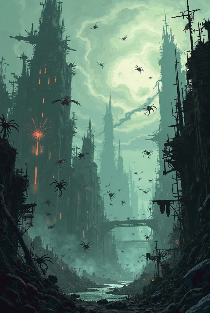 vast angle, view from the top, horror art, landscape of complex biomechanicals, biomorphic negative dimension, spiked walls, madness, thorns, artstation, UHD, unreal engine, sketch color drawing. 3D model style.