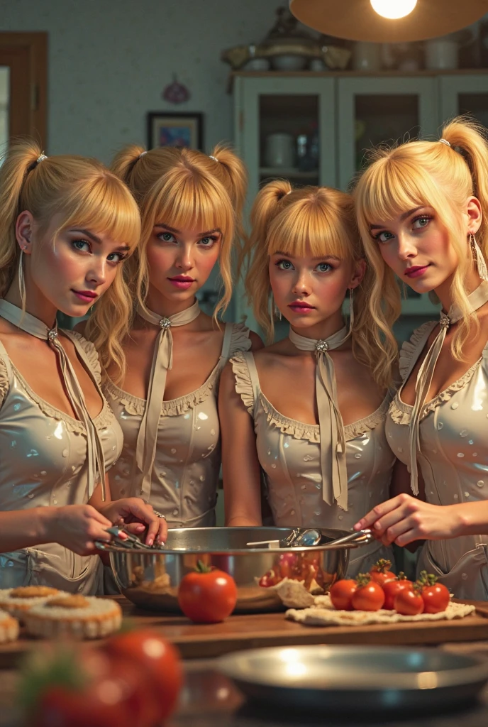there are two women in a kitchen preparing food on a table, retrofuturistic depressing, mars attacks, retro 6 0 s fashion, futuristic cloning facility, jenny seville, sunny complementary palette, golden collar, mechabot, still from l'estate, grills, spinning --auto --s2