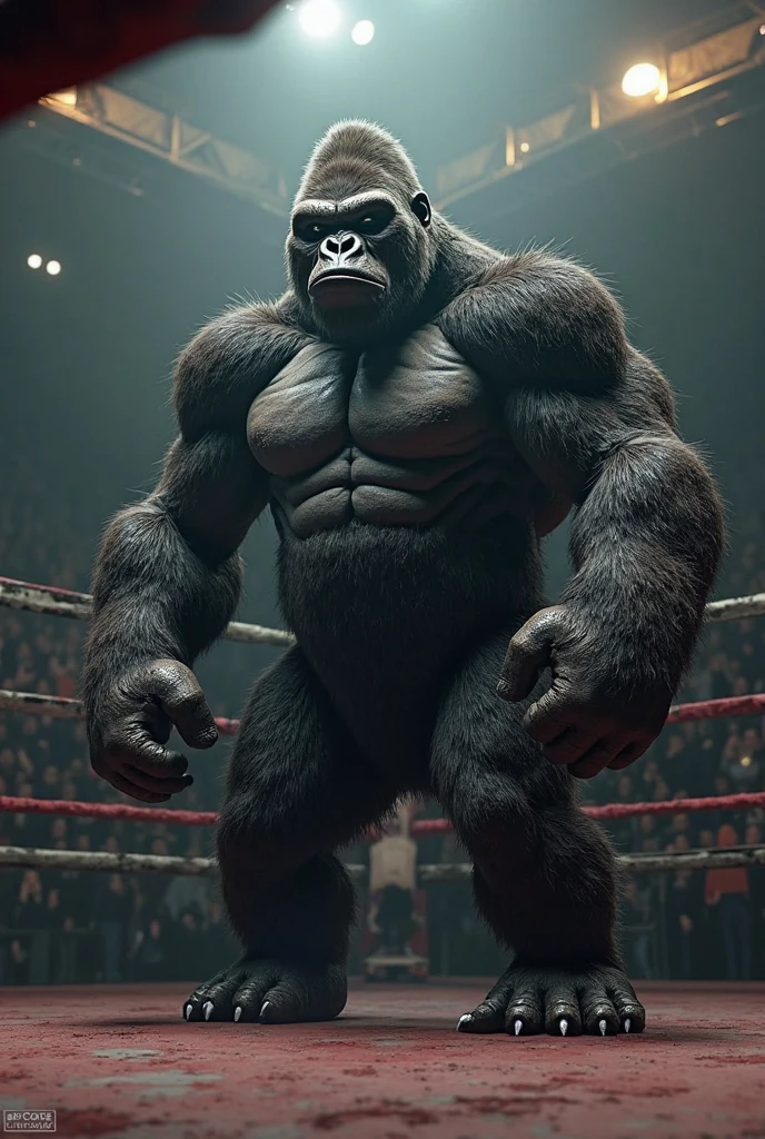 a gorilla, realistic, rustic, holding a small ball with octagonal shapes, in his right hand with both arms down and with an angry face looking forward, 4k, realistic and cinematic