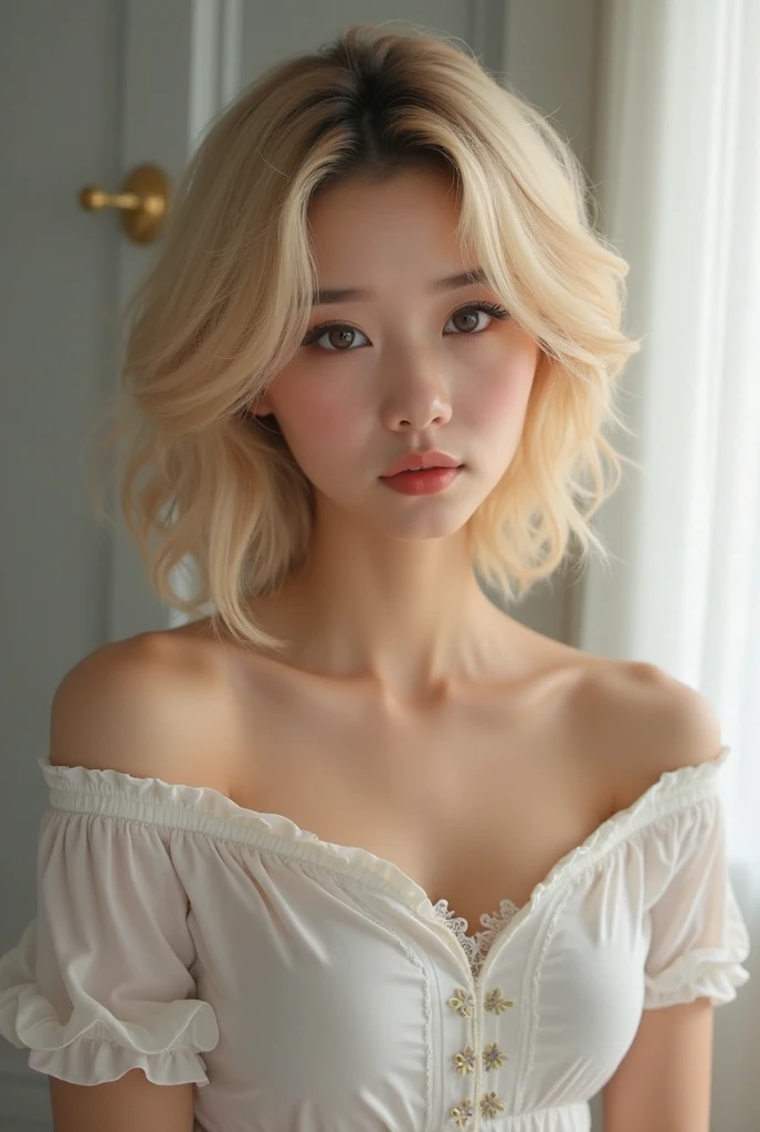 Please draw a beautiful woman with the following specifications: Japanese blonde bob hair, wearing lingerie, E cup breasts