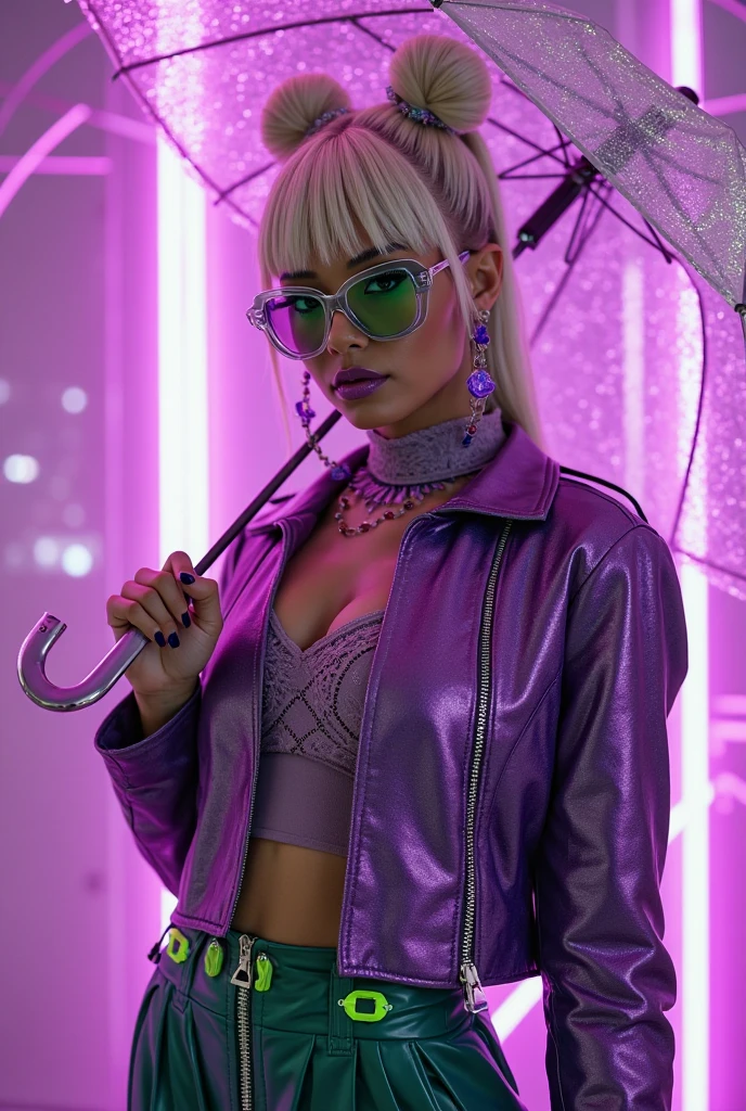 araffe with purple hair and a purple bra top posing for a picture, cyberpunk 2 0 y. o model girl, female cyberpunk anime girl, dreamy cyberpunk girl, cyberpunk anime girl, hyper-realistic cyberpunk style, cyberpunk beautiful girl, cyberpunk art ultrarealistic 8k, cyberpunk vibe, muted cyberpunk style, cyberpunk vibes, in cyberpunk style, cyberpunk style color