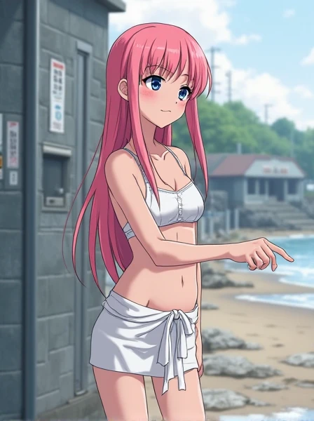 gorgeous lips, cinematic, (masterpiece), (best quality), (ultra-detailed), very aesthetic, perfect composition, intricate details, absurdres, detailed face, (anime, masterpiece, intricate:1.3), (best quality, hires textures, high detail:1.2), A pretty girl with perfect figure,(14years,150cm), (White one-piece swimsuit with pink lines,), Very small breasts,Straight hair,bangss,Stand in the ring of professional wrestling,extremely detailed face and skin, Detailed eyes,knee high socks,wristbands,Grinning smile, Slim body, Slender girl, Slim thighs,small hip,Pose with hands on hips,fight in professional wrestling
