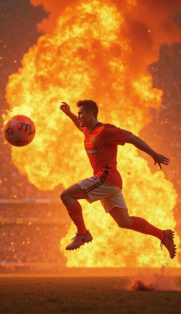 A boy kicking a fireball on a soccer field 