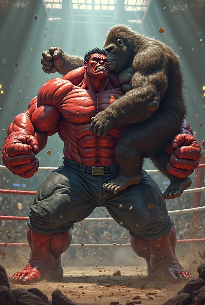 最high quality、Best image quality、masterpiece、monster((Strong body、Kong、Muscular、Bipedal、Red body、roar、Giant creatures、)),high quality、Beautiful art、background((City))、Flight、Flying debris、Written boundary depth、movie、Visual Arts、Perfect art、8K,Genuine,