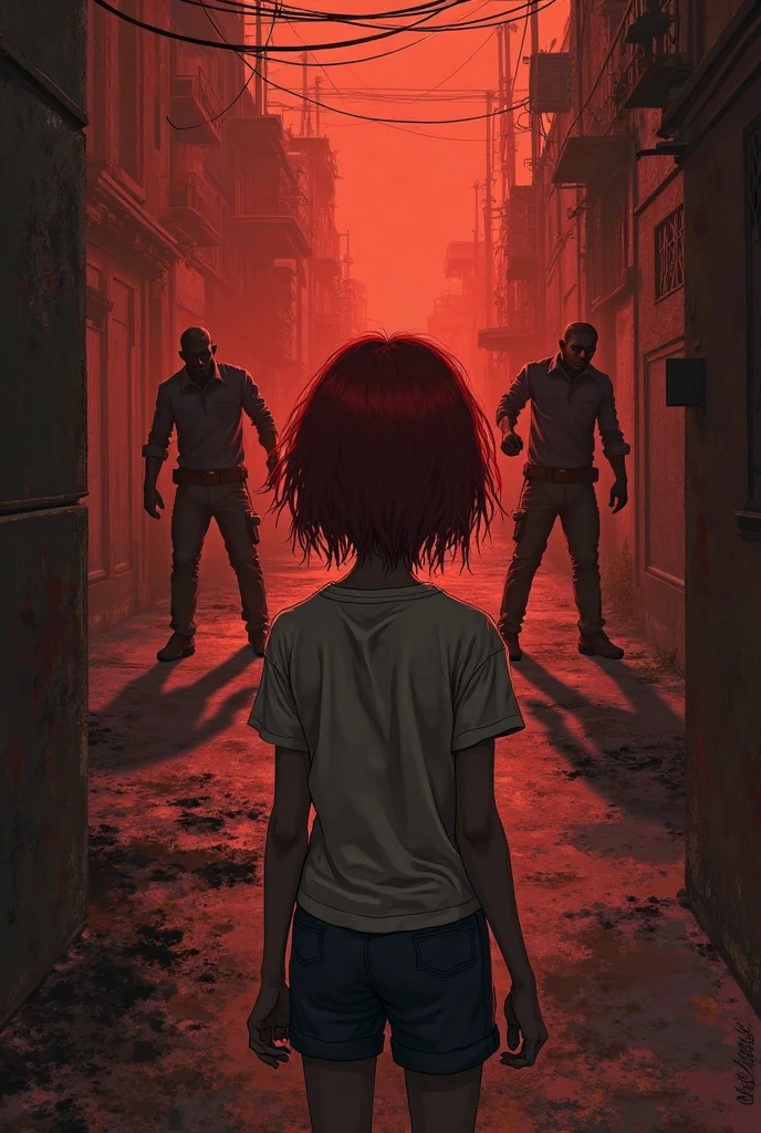 A young zombie girl, short black and red hair, eyes the color of dawn, deathly pale skin, a tattered , in the background a swarm of insects and an abandoned apocalyptic city.
