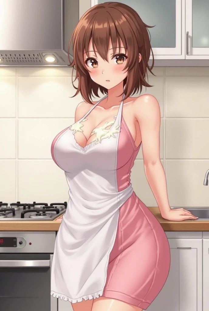 Shooting in the kitchen,Show the whole body(Mastepiece,1, alone) (Kodama Fumika)ponytail,Pink ribbon,Big Breasts,Cleavage,Cleavageを見せる,Naked Apron
