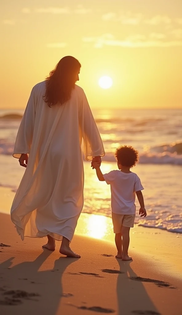 Merciful Jesus and Our Lady of Grace holding hands with a brown child, of indigenous origin, with curly hair tied up. The child in the middle. The landscape is a beach. They are walking back to back on the beach, You can&#39;t see their faces because their backs are turned. The attire of Jesus and Our Lady must be the same as the traditional one