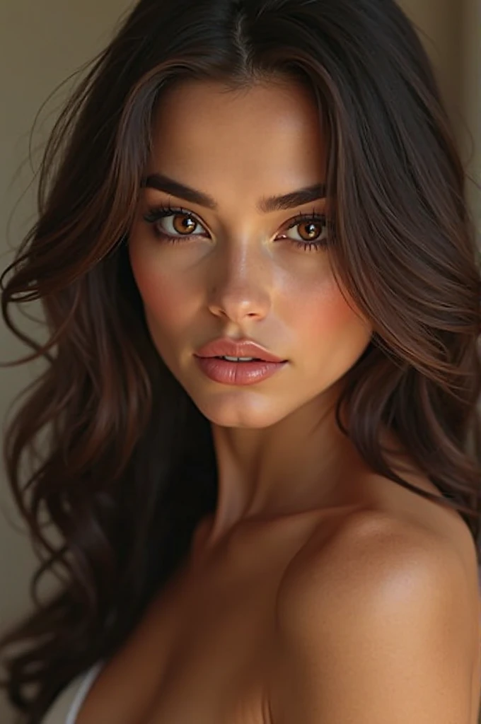 , eyes browns, chestnut wavy hair, bochechas grandes, bountiful breasts