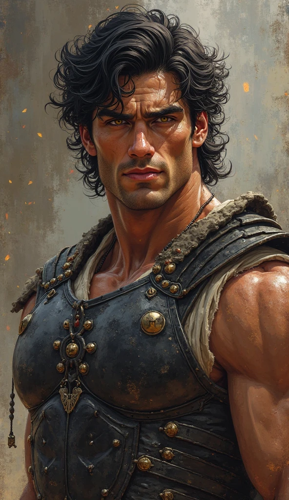 young warrior, handsome, muscular, with wavy hair and middle age
