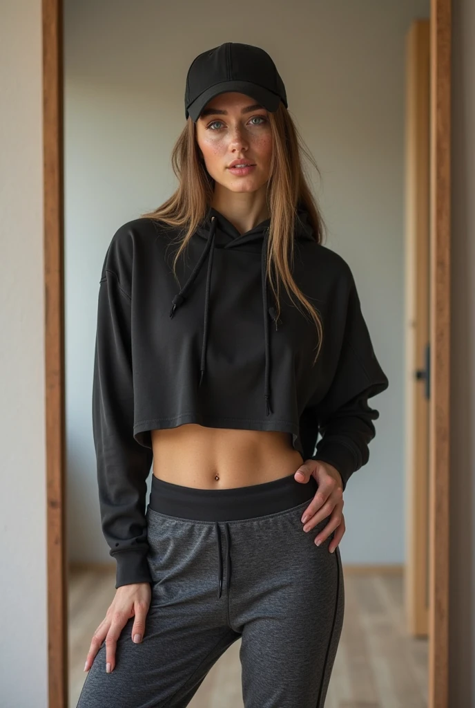 Shantel VanSanten wearing cropped sweatshirt and leggings and smiling
