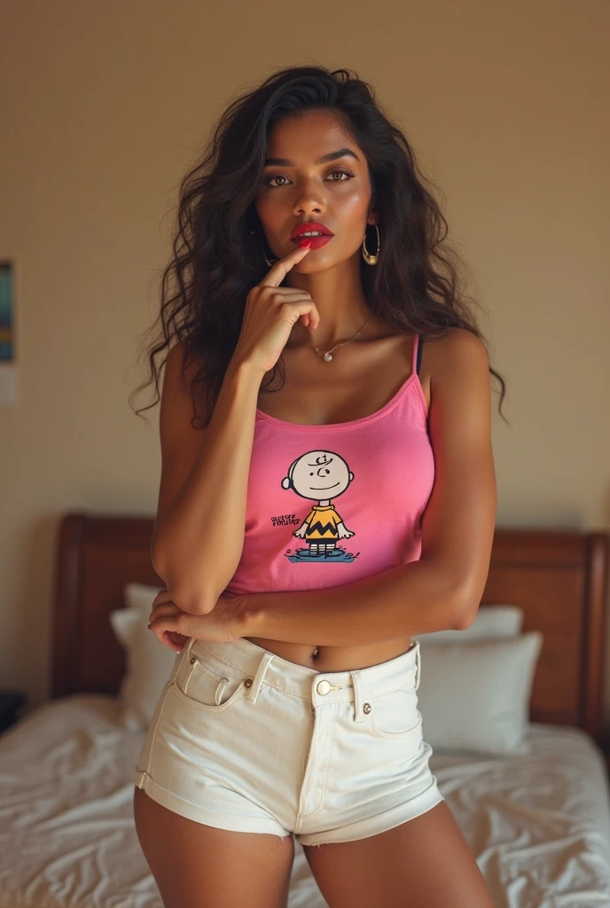 (Masterpiece, Professional lighting, 16k, 8k wallpaper, raw photo, photorealistic:1.8, ultra detailed, , slightly wide angle lens, natural lighting, detailed skin, detailed joyous face, detailed eyes), 1 beautiful happy girl, dynamic poses for Instagram, cropped tee shirt with underboob, underboob, , full body image , long curly blond hair with bangs, necklace, green eyes, sexy gaze inviting look, baby blue top short, red skirt, happy smile