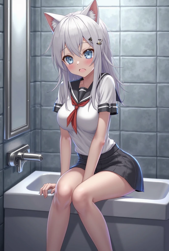 ((NSFW))、gray hair、beautiful girl、((sexual climax))、(((Pissing)))、standing pee、classroom、squat open legs