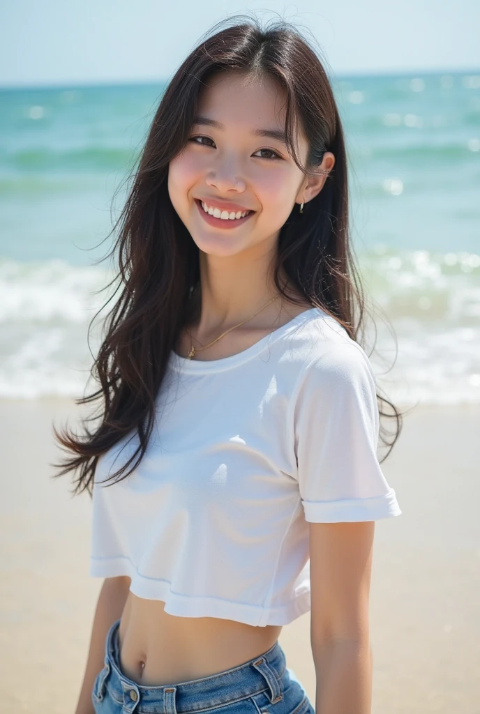 Coastal beauty, 1girl, (bright eyes, sun-kissed skin, carefree expression), beach background, lighthouse, soft sea breeze, playful pose, dynamic composition, golden hour lighting, blurred background, rich colors, fine details, surreal, 50mm lens, relaxing atmosphere. Portrait photography, 35mm film, natural blur, (upper body white wrapped chest, lower body long skirt), underage girl, good fingers, smile, full body, slender legs, young girl body proportions