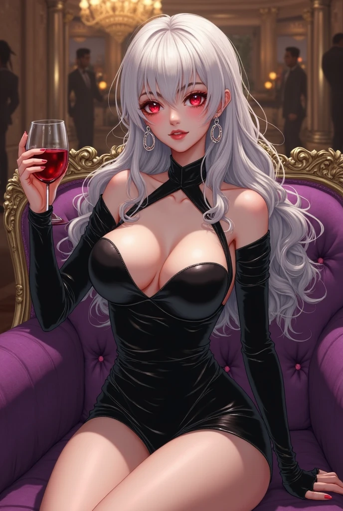 Anime manhwa, beautiful woman, tanned skin, white eyebrows, round and full lips, long wavy white hair, golden eyes, long eyelashes, dressed in a short and sexy white dress tight to her curves, with gold accessories, with a charming smile, standing with a glass of wine in hand