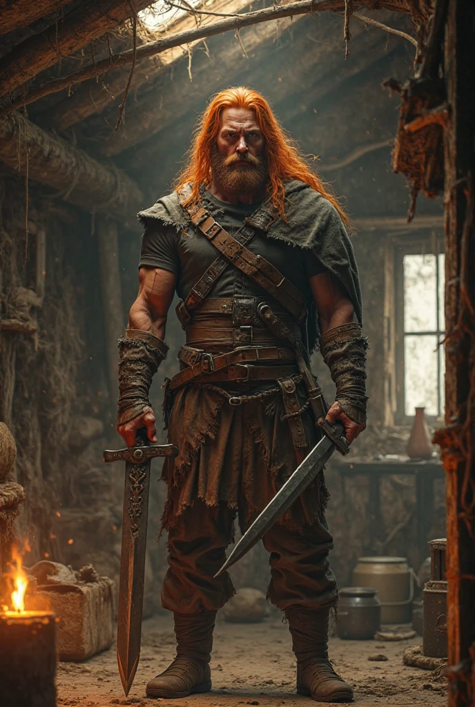 a tall red-haired viking with armor he has a cuirass covering it is made of wolf fur with an ax kept on his back, A sword in your hands, realista, arte digital premiada, Energetics, insanamente detalhado 1.5, foto de corpo inteiro, 20 mega pixels, canon EOS R3