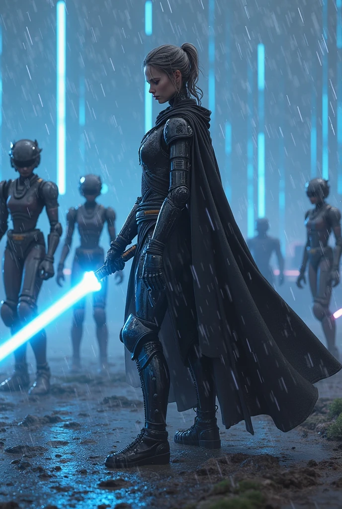 movie poster for Star Wars, half body shot of rebel Princess, played by sandra bullock, in Darth Vader costume with lightsabre , death star hangar, masterpiece, intricate detail, highly detailed, volumetric lighting, 4k render, stock photograph, hyper realistic, lifelike texture, dramatic lighting, unrealengine, trending on artstation