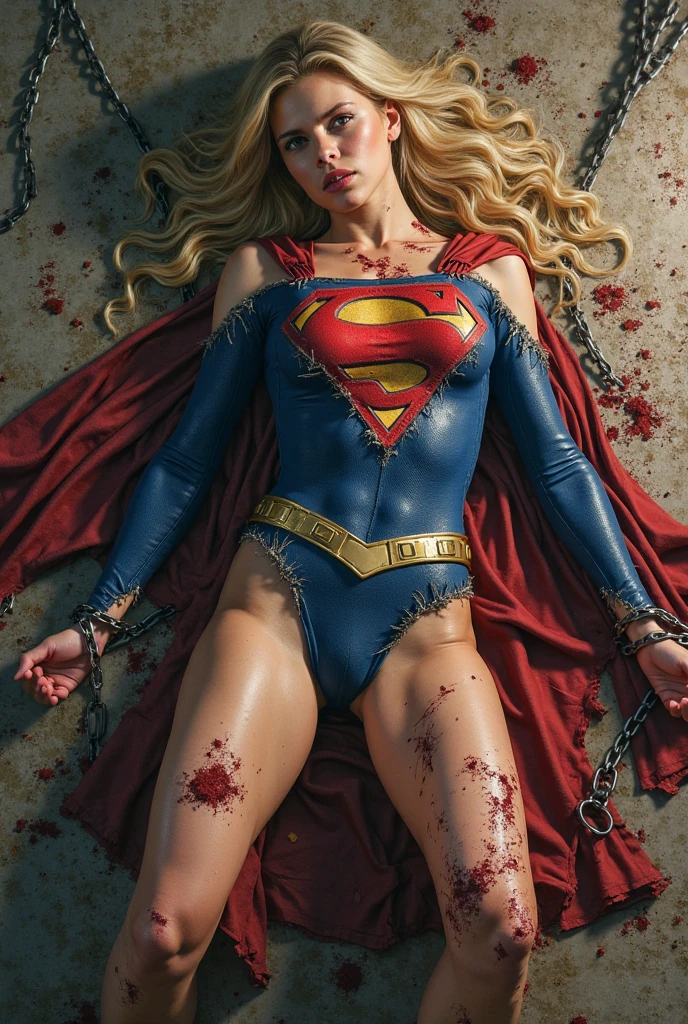highest quality, masterpiece, ((crucifixion:1.5)), (execution), supergirl bodysuit, horrified, bleeding, ((Woman in crucifixion at the cross:1.5)), crucifixion, blue suit, Superman logo on chest, red skirt,((Torn costume)), ((Tearing of clothes)), (tattered clot(many bruises on body)), scars on body, wounds on body, injured face and body, a devastated world, ruins, abandoned building, (burning at the stake), ((roasted over fire:1.2))