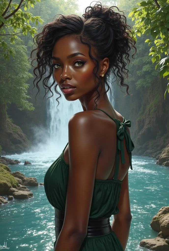 Yetide Badaki, large pointed breasts, chocolate micro bikini, (8k, RAW photo, top quality, masterpiece: 1.2), (realistic, photorealistic: 1.37), wet body, thick legs, wet hair, wet face, wet clothing, beautiful, in the water, diving, submerged, woods, night, rain, wet, sunbeams, professional lighting, photon mapping, strapless, strapless photo, grandeur, crown of branches, leaves, water, natural pond, stones, physics-based rendering, beautiful, high quality photo, high resolution, 1080p, (clear face), (detailed facial description), (detailed hand description), (masterpiece), (elaborate CG), extreme light and shadow, wet hair, masterpiece, rich details, (fine facial features), (highest quality photo), (masterpiece), (detailed eye), look in front of your eyes, kissing face, attractive african goddess woman with Luxuriant afro-textured hair, dark skin, extreme long curly messed hair, extreme rainbow neon rainbow hair, heterochromia eyes, really curly hair, freckles, seductive look