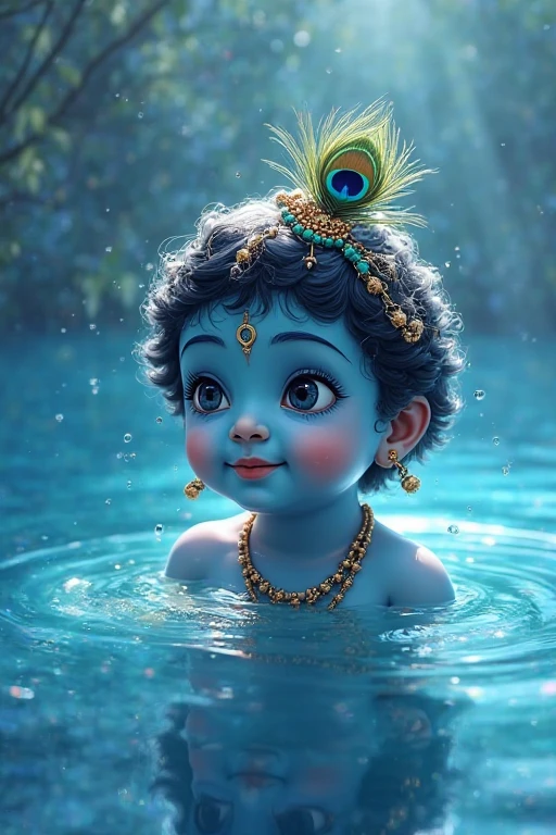 Baby lord Krishna wearing real diamond jewellery on a light turquoise background surrounded by real diamonds