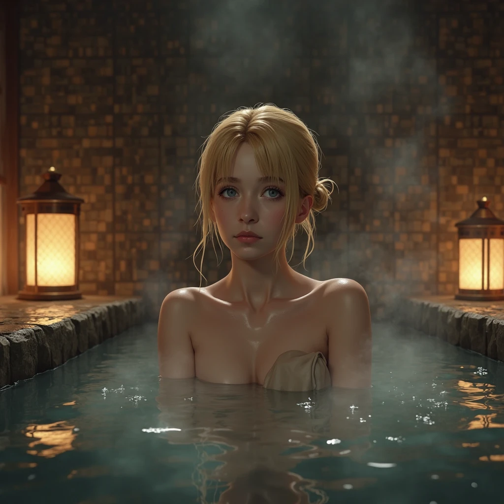 A captivating female Breton beauty, her golden locks cascading down her back, sits serenely in a lavish bath tub. She dons a skimpy swimming bra and lacy lingerie, as if fresh from a dip in the icy waters of Skyrim's frozen lakes. Soft, golden light illuminates her porcelain skin, with gentle ripples on the water's surface creating a sense of tranquility.,female breton