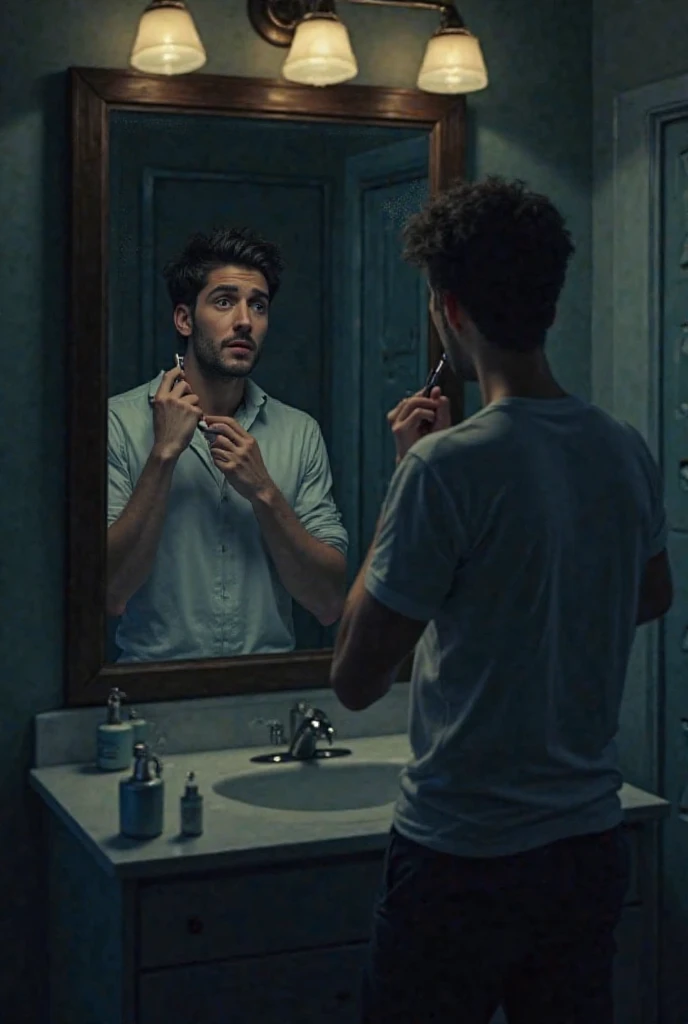 A young and mature (male)person looking himself in the mirror with deep sadness because he is realizing he is not good enough