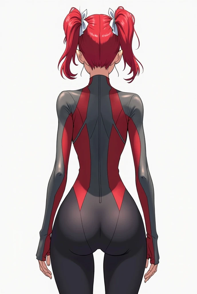 red haired woman,short bob,red eyes, (Ultra Girl :1.0), silver and red ultraman bodysuit, back view,back,butt,fist