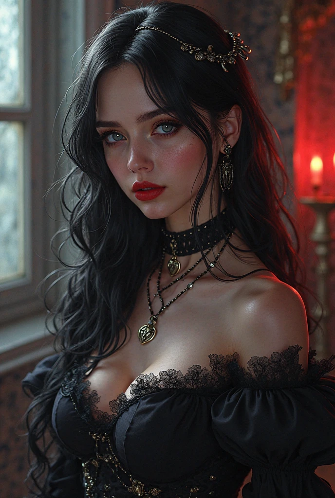 princesse femme majestueuse cheveux noir robe de princesse noir  vampire gothique 