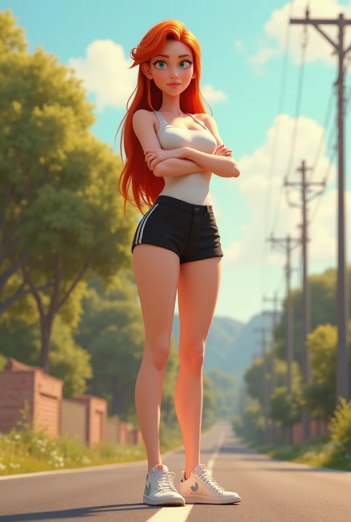 Beautiful redhead girl with brown eyes and long hair in sportswear walking in a park sunny, clear day photo shoot