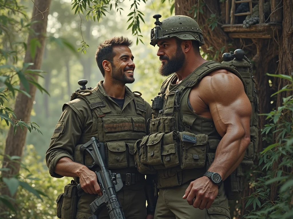 坐在森林里的高大巨人muscular man,Khaki camouflage military uniform,Character Conception(Resident Evil - Chris Redfield,Chris Redfield)Popular Clips, Naked chest, Chest and face, Artemether, Large Breasts, Shirtless, Fluffy chest, Muscle tissue, Attractive men, Hairy chest,身穿Khaki camouflage military uniform,Matte texture,Soft and comfortable,Sitting in the jungle, Sad expression,Deep and charming eyes,The hero with emerald pupils,Heroic male pose,高大Burly,muscular!Attractive leg muscles,High, Burly, Heqiang, 身穿Khaki camouflage military uniform, Super Buff and Coolness, High Resolution Committee, Big feet in black boots,Charismatic strongman,,matte grain texture, , Belly and tripe,The details are complex, 8k post production,muscular性格, Strong masculine characteristics, muscular男性形象, Muscle bulge, muscular man, muscular大腿 8k High Detail,Cinema Lighting, Surrealism, High Detail, Anatomically correct, textured skin,(hick Chest hair:1.5) Outdoor sports! There is hair on the areola! High detail 8K)! ((Realistically)), ! 186 cm! 70 kilograms! Popular clips! ( High-detail 8k ((realistically)), big hairy black areola! Dark skin, best quality, bright lighting, focus, theater! 35 years old, hairy breasts, thick armpit hair
