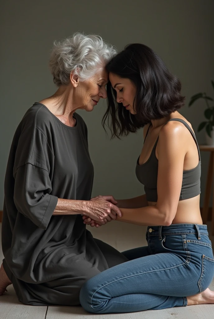 Create a photo of a 20 year old young woman, with a slender and beautiful body, with bare breasts and wearing black sweatpants, with white and clear skin, with long light brown hair, scared as she is being brutally assaulted and pushed to the ground by a nervous 90 year old black elderly lady, obese dark black skinned, who wears glasses and a blue dress.