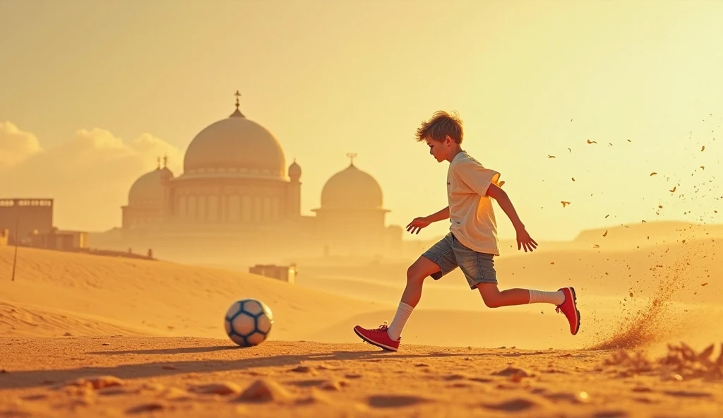 A handsome 1 boy plays keepy-uppies in ancient Egypt