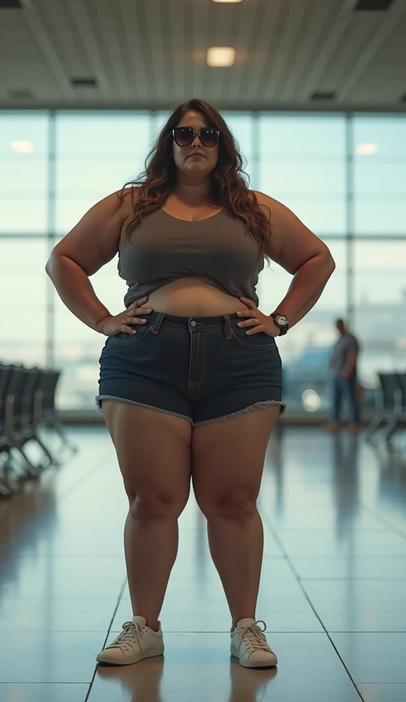 A plane passenger photo of a Beautiful ginger SSBBW, with long wavy ginger hair, with big soft fat belly, thicc fat arms, thicc wide legs, big breast, in a cute green top tucked in her pants, and black pants, at airport waiting for the plane, holding a suitcase