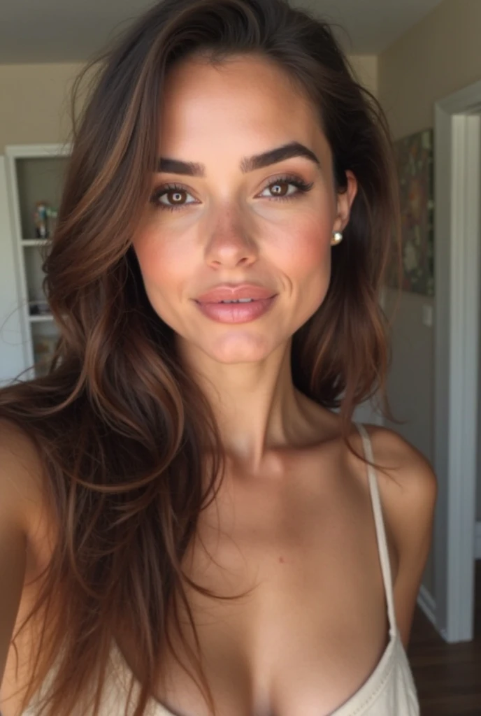 selfie, clin d&#39;œil, jolie femme au visage de bébé, expression attrayante et séduisante, Timide, Cheveux brun raides, front, se maquiller, yeux marron, proportion corporelle superlative, , portant une chemise en tricot ample, pantalon en cuir moulant, Bottes d&#39;ingénieur, Artistique, Hyper, art numérique graphique 
